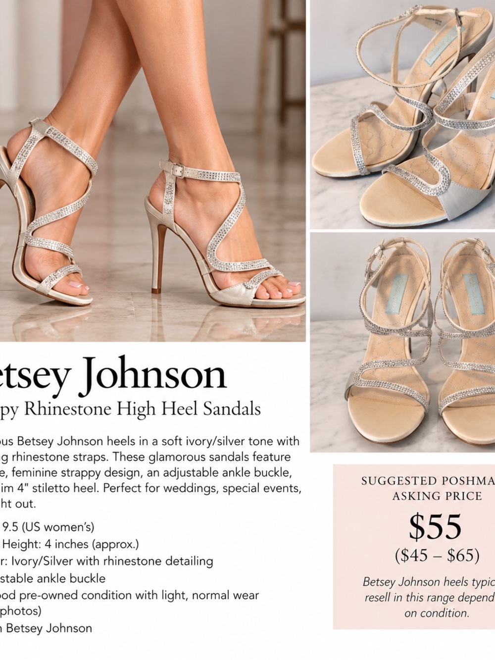 Betsey Johnson Ivory and Silver Rhinestone Strappy Stiletto Sandals